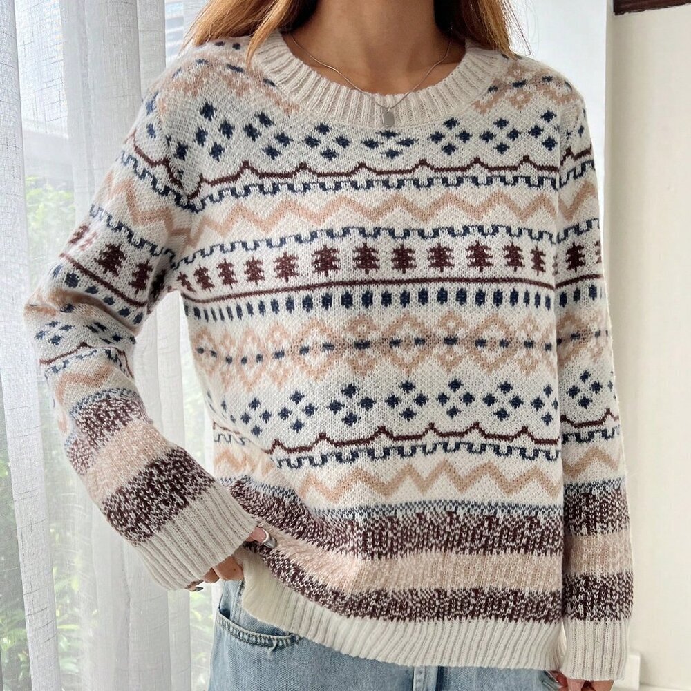 Multicolor Casual Women's Loose Fit Geometric Pattern Crew Neck Sweater - Picture 6 of 6